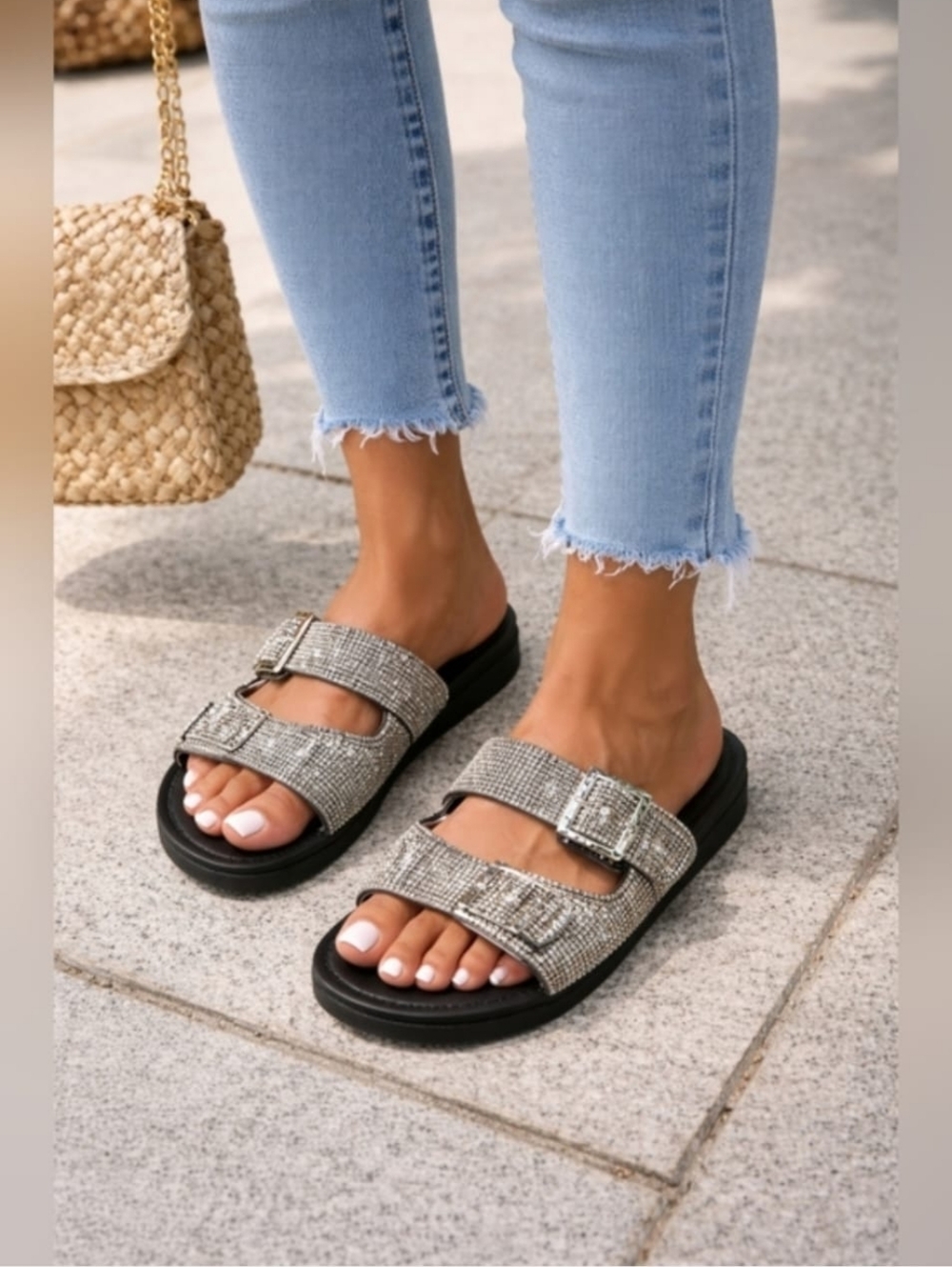 Madden Girl Black Slip-On Sandals with Printed Logo